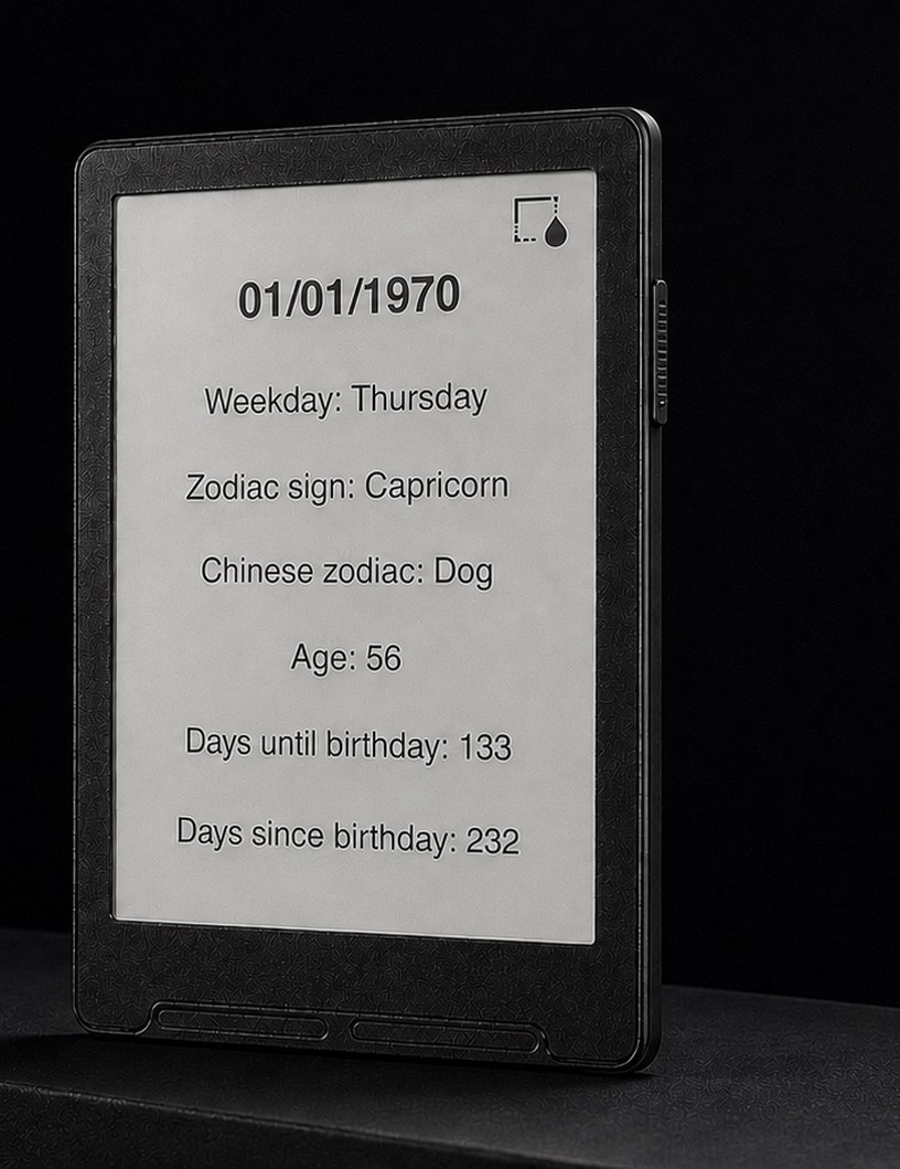 INKLING zeigt ein Geburtsdatum mit sechs abgeleiteten Zeilen auf der E-Ink-Anzeige