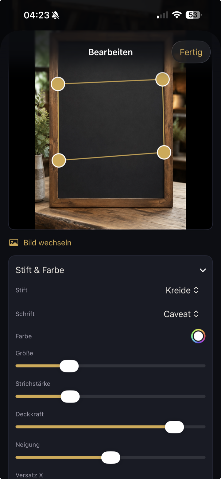 Prediction Studio · Schreibfläche mit vier Eckpunkten