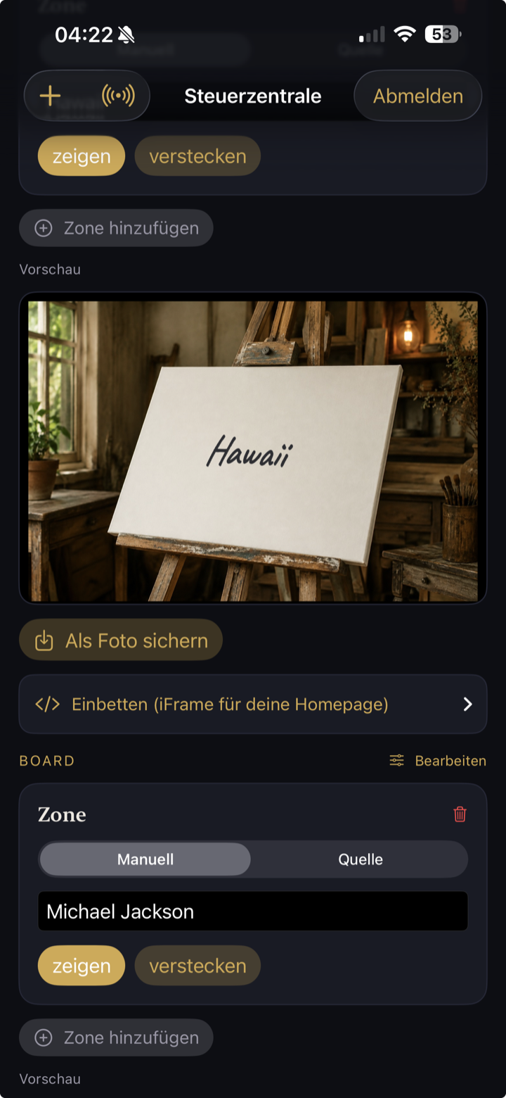 Prediction Studio · Steuerzentrale mit Einbetten-Code